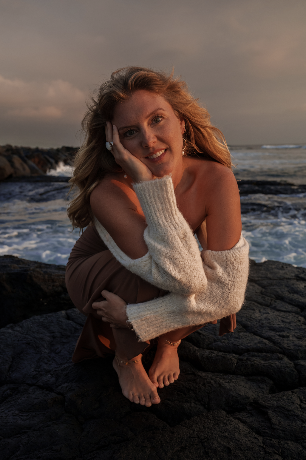 Brand photography — golden hour coastal portrait